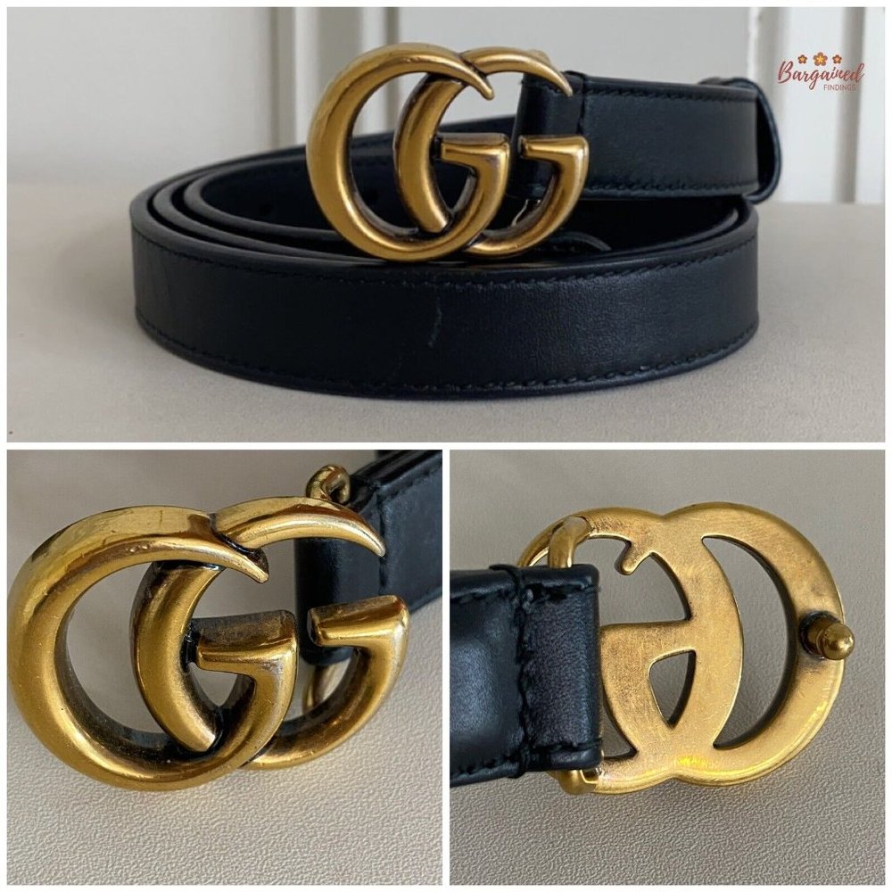 Authentic Gucci Black Smooth Leather Slim Signature Double G Buckle Belt 85/34 - Picture 2 of 13